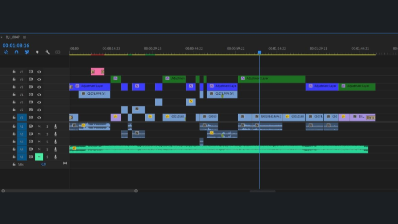 Screenshot of a video editing timeline showing multiple tracks with audio, video, and effect clips arranged sequentially.