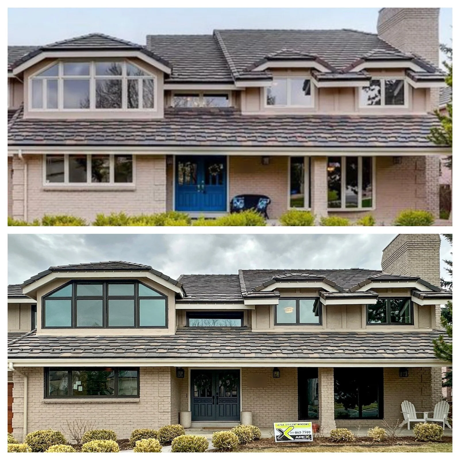 Before and after: Denver-area home with old tan windows replaced by black Insignia triple-pane windows from Apex Energy Solutions