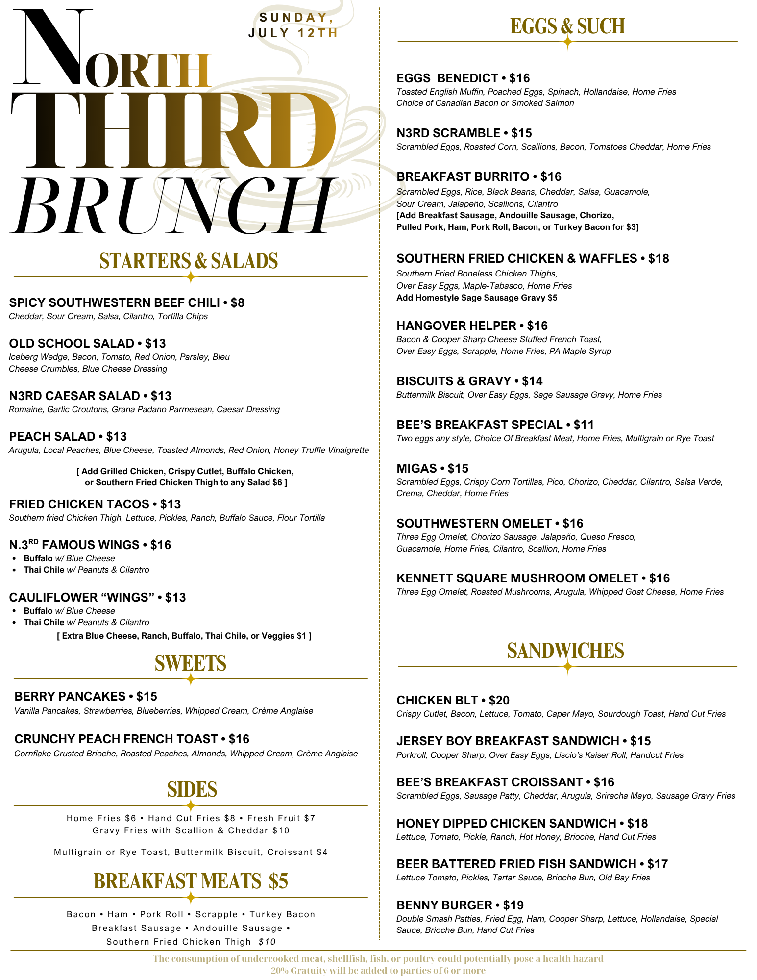A detailed brunch menu featuring starters, salads, sweets, breakfast meats, eggs and such, sides, and sandwiches, with various dishes and prices listed.