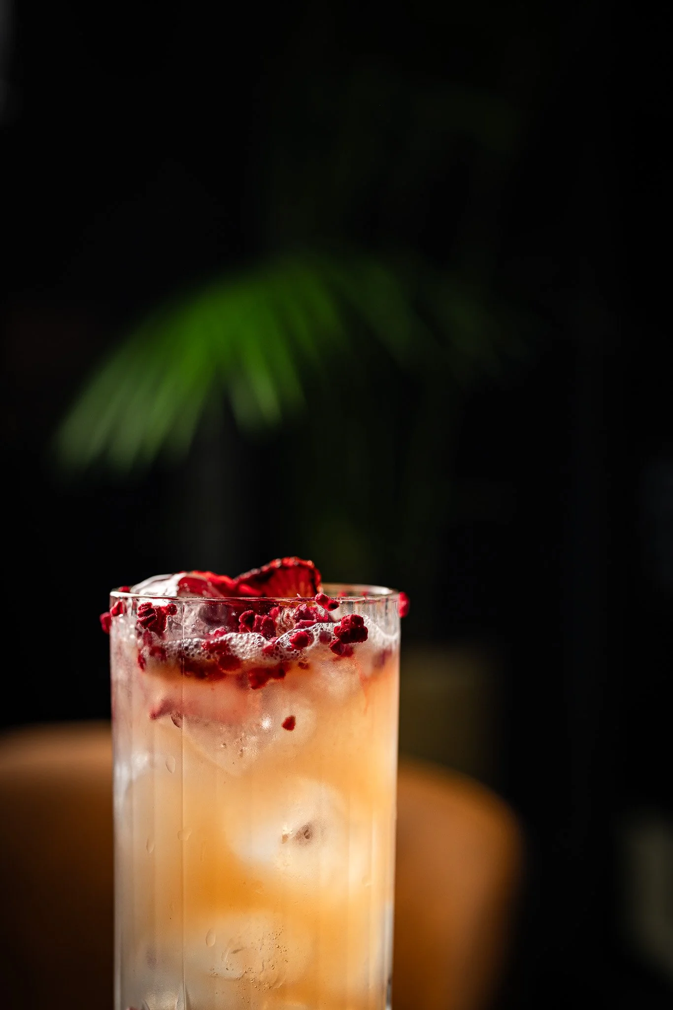 A tall glass of beverages with ice cubes and red berries on top, set against a dark background with green leaves.