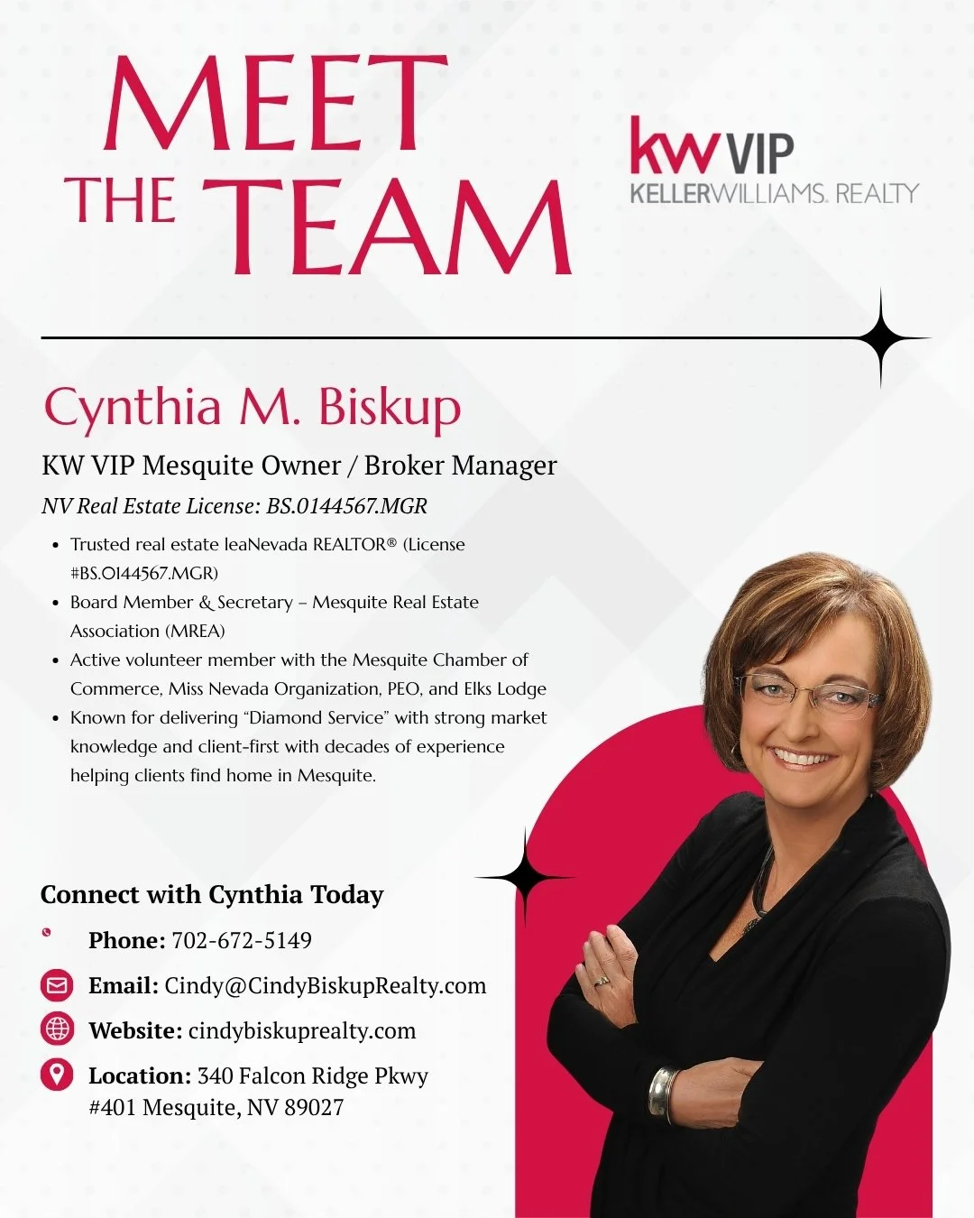 🌟 Meet Cynthia M. Biskup 🌟
KW VIP Mesquite Owner / Broker Manager | NV REALTOR&reg; (#BS.0144567.MGR)

Cynthia is a trusted real estate leader in Mesquite &amp; Las Vegas, known for delivering &ldquo;Diamond Service&rdquo; with decades of experienc