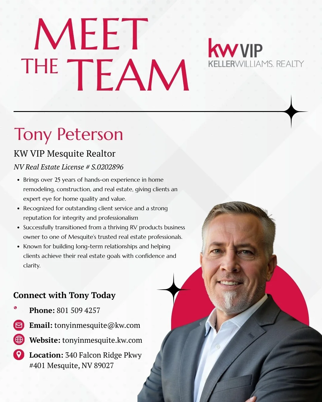 💼 Meet Tony Peterson &ndash; KW VIP Mesquite Realtor 💼

With over 25 years of experience in home remodeling, construction, and real estate, Tony brings unmatched insight and expertise to every transaction. 🏡

Recognized for his outstanding client 