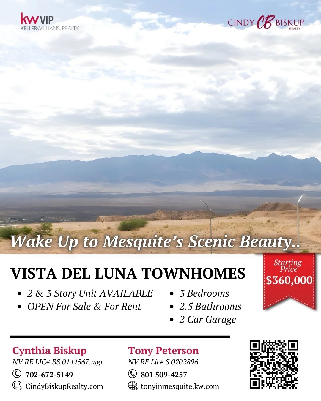 Wake up to this view right from your bedroom! 
Discover the beauty and modern comfort of Vista Del Luna Townhomes, Mesquite&rsquo;s newest desert-living community.

Join us for the Grand Opening Celebration on
🗓️ Thursday, November 6, 2025 | ⏰ 3&nda