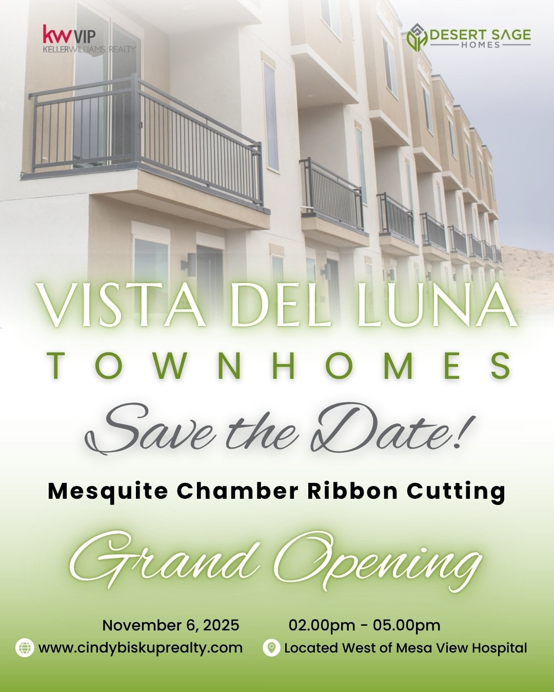 ✨ Save the Date! ✨
Join us for the Grand Opening &amp; Mesquite Chamber Ribbon Cutting of Vista Del Luna Townhomes a new standard of comfort and contemporary living in Mesquite!

📅 November 6, 2025
🕑 2:00 PM &ndash; 5:00 PM
📍 Located West of Mesa 