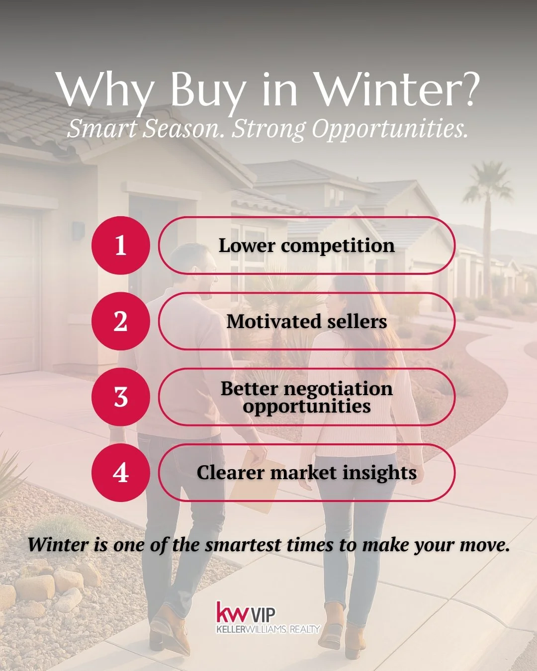 Thinking about buying a home this season? Winter is one of the smartest times to make your move.
With lower competition, motivated sellers, and more room to negotiate, buyers often find better opportunities and more breathing room during the winter m