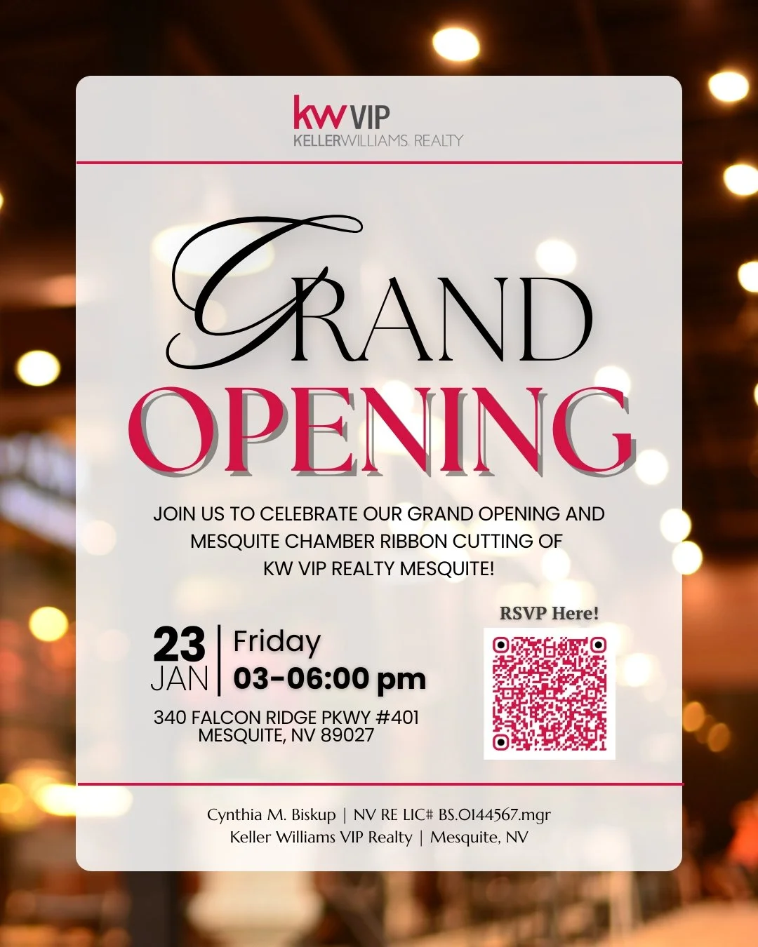 ✨ Happening Tomorrow! ✨

We&rsquo;re excited to celebrate the Grand Opening of KW VIP Realty Mesquite with our Mesquite Chamber Ribbon Cutting tomorrow. It&rsquo;s a special milestone, and we&rsquo;d love to see familiar faces, friends, and members o
