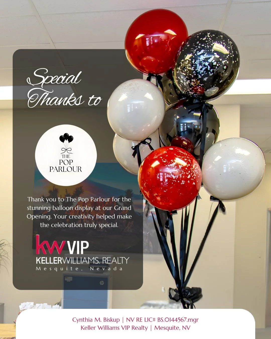 A special thank you to The Pop Parlour for the stunning balloon display that helped bring our KW VIP Realty Mesquite Grand Opening to life. 
Your creativity added the perfect finishing touch and made the celebration feel extra special for everyone wh
