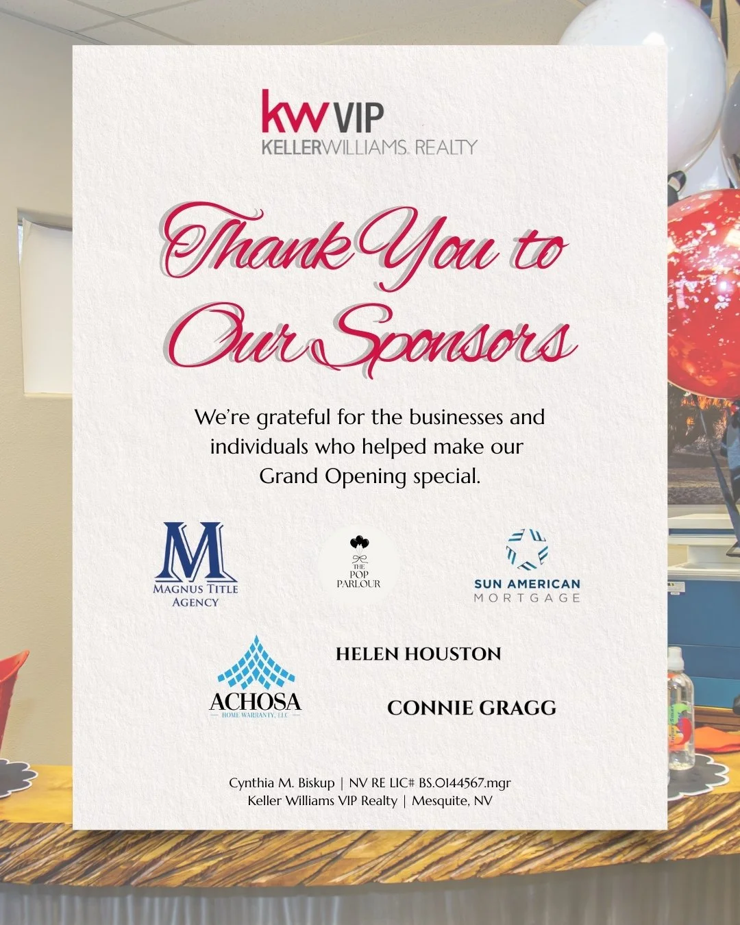 We&rsquo;re incredibly grateful to the businesses and individuals who helped make our KW VIP Realty Mesquite Grand Opening such a success.

Thank you to our sponsors and partners for your support, collaboration, and commitment to our local community.