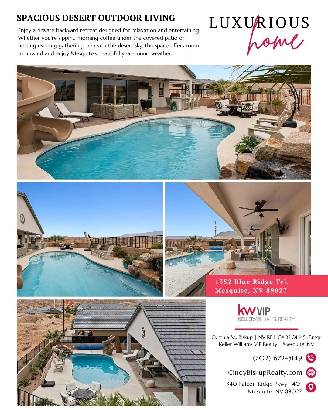 Resort-style living right in your own backyard.

Enjoy Mesquite&rsquo;s year-round sunshine with a private pool, covered patio, and space designed for both relaxing mornings and evening gatherings. With mountain views and thoughtful outdoor design, t