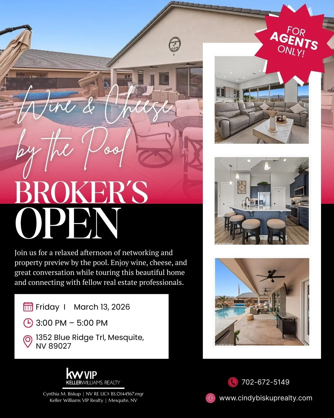 Join us for a relaxed afternoon of networking and property preview at this beautiful Mesquite home. Enjoy wine &amp; cheese by the pool while touring the property and connecting with fellow real estate professionals.

📍 1352 Blue Ridge Trl, Mesquite