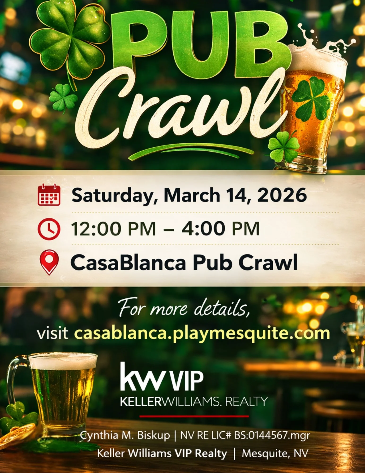 🍀 Community Spotlight: St. Patrick&rsquo;s Day Pub Crawl🍀

Looking for a fun way to celebrate St. Patrick&rsquo;s Day in Mesquite? The CasaBlanca Pub Crawl is bringing the festive spirit with an afternoon of music, drinks, and great company.

Gathe