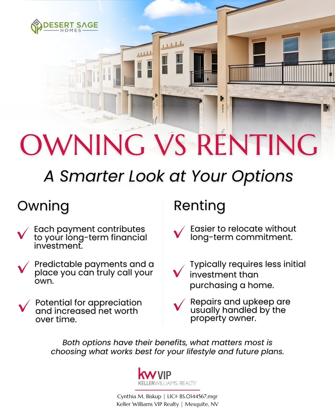 Owning vs Renting, what&rsquo;s the right move for you? 🏡

Both have their advantages, but the real question is: what fits your lifestyle and long-term goals?

Owning can help you build equity and create stability, while renting offers flexibility a