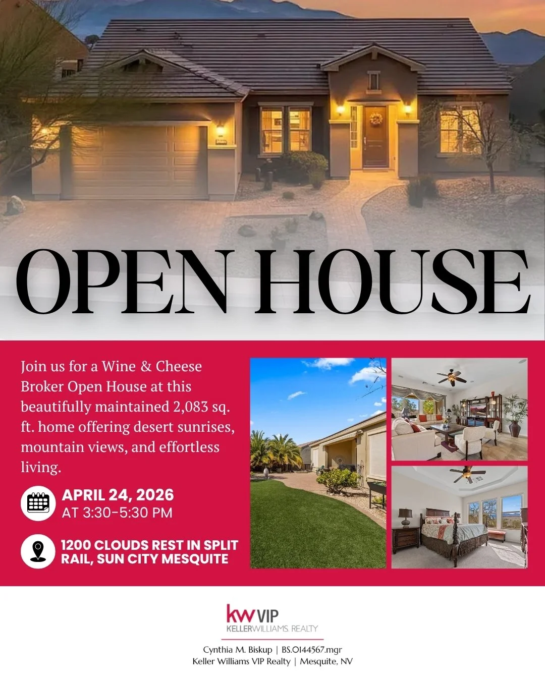 You&rsquo;re invited!
Join us for a Wine &amp; Cheese Open House and experience this beautifully maintained home in Sun City Mesquite. From spacious living areas to a peaceful backyard with mountain views, it&rsquo;s a home designed for comfort and e