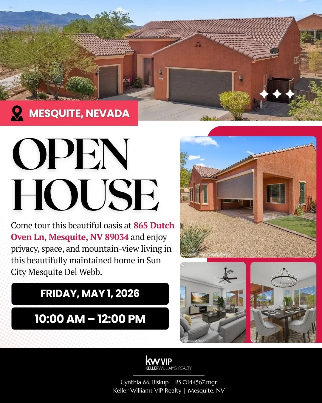 Open House in Sun City Mesquite

Comfort, privacy, and beautiful mountain views in this well-maintained home located in one of Mesquite&rsquo;s most desirable communities. From the spacious layout to the inviting outdoor space, this home is designed 