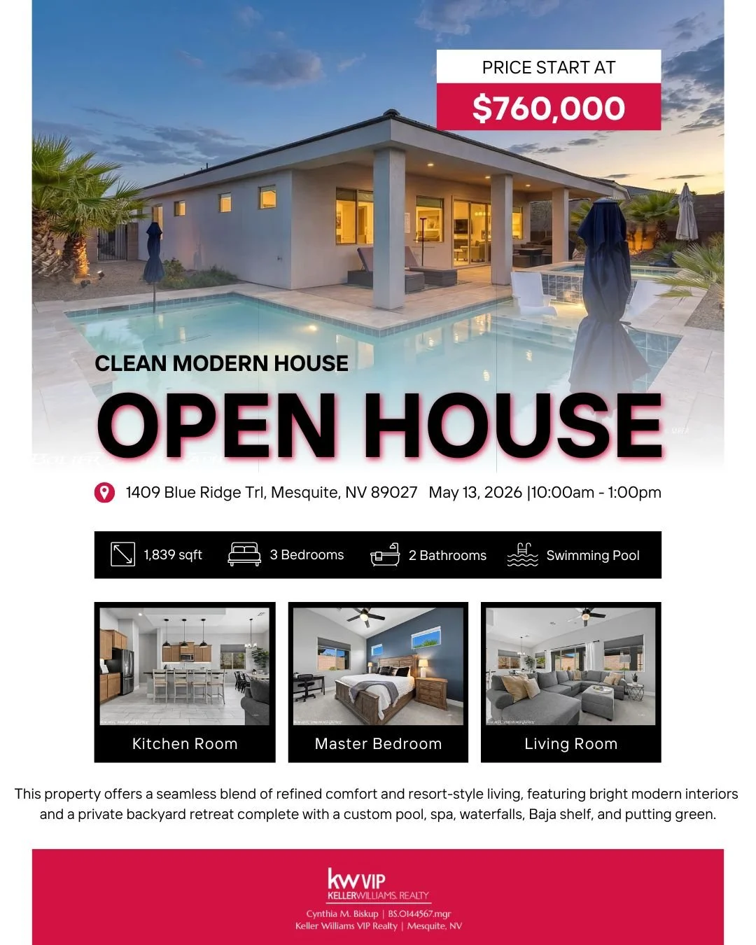 ✨ OPEN HOUSE ✨

Experience resort-style living at The Blue Ridge Bungalow, a beautifully maintained home that feels like a private getaway in the heart of Mesquite.

Featuring bright modern interiors and an incredible backyard retreat complete with a