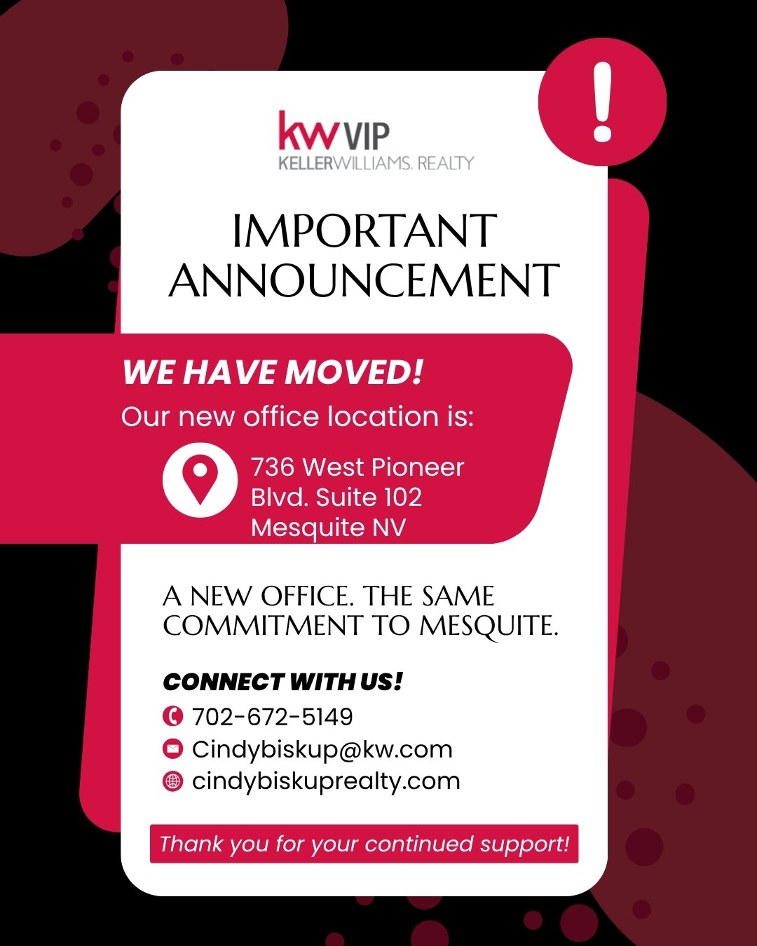 We're growing and so is our commitment to Mesquite. 🏡

We're excited to announce that KW VIP Mesquite has moved into a new office location! As our team continues to grow and serve more buyers, sellers, and investors throughout Mesquite and surroundi