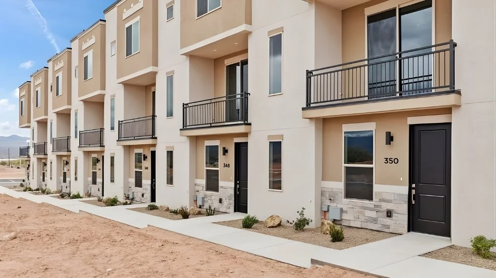 Exterior of Vista Del Luna Townhomes in Mesquite, NV, featuring contemporary three-story townhomes with private balconies, modern desert architecture, and mountain views.