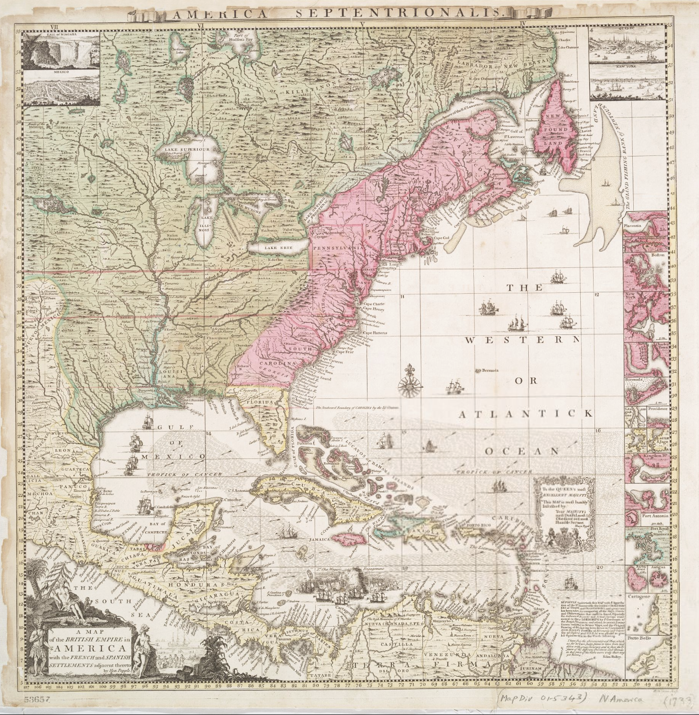A map of the British Empire in America with the French and Spanish settlements adjacent thereto
