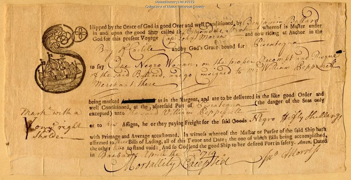 Bill of lading for an African woman, 1719 | Maine Historical Society 
