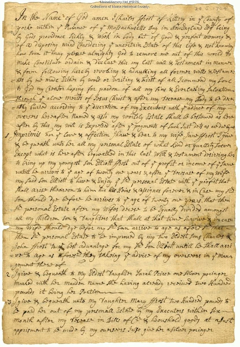 Will of Charles Frost, 1724 