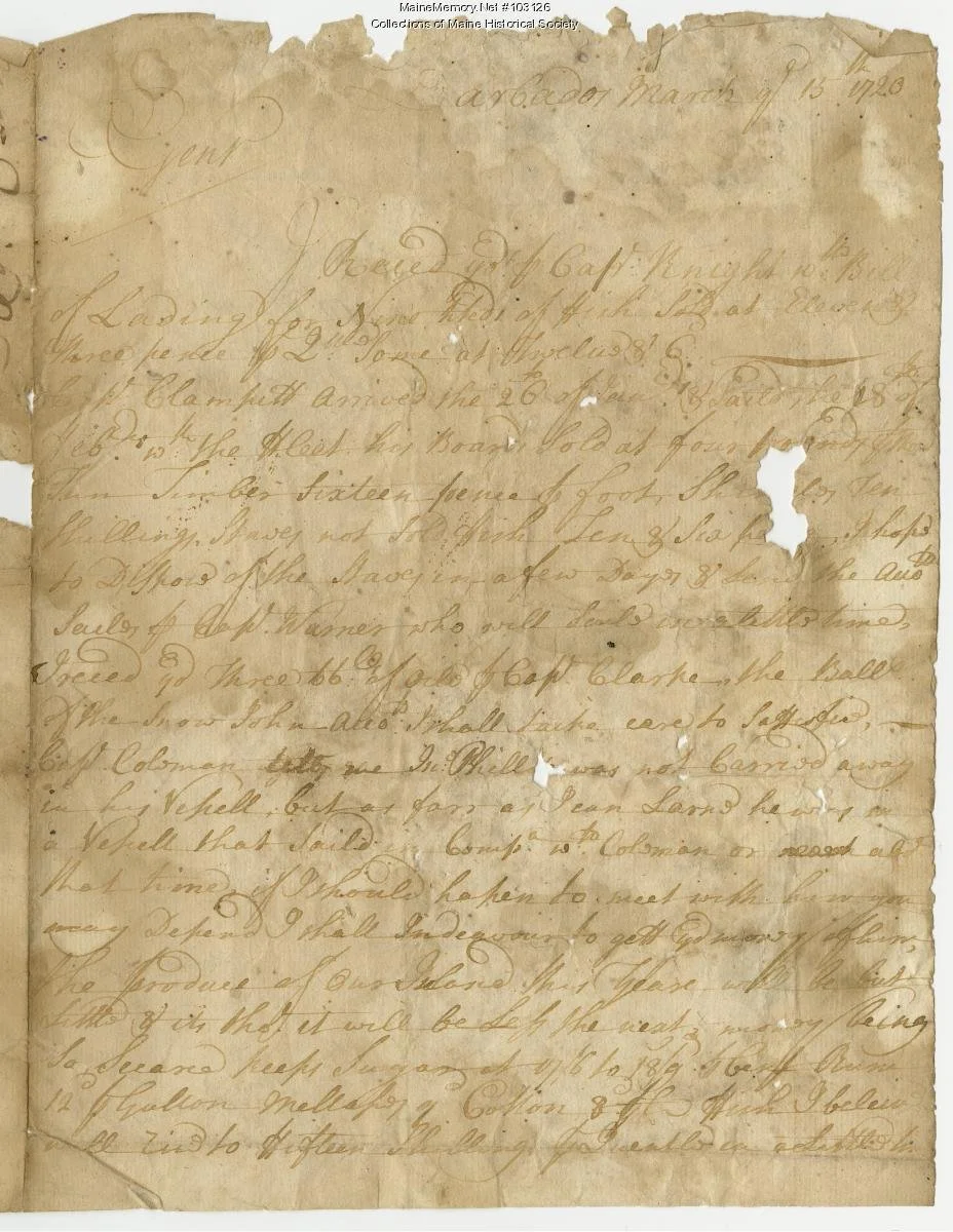 Benjamin Bullard to Sir William Pepperell on human trafficking, Barbados, 1720 | Maine Historical Society 