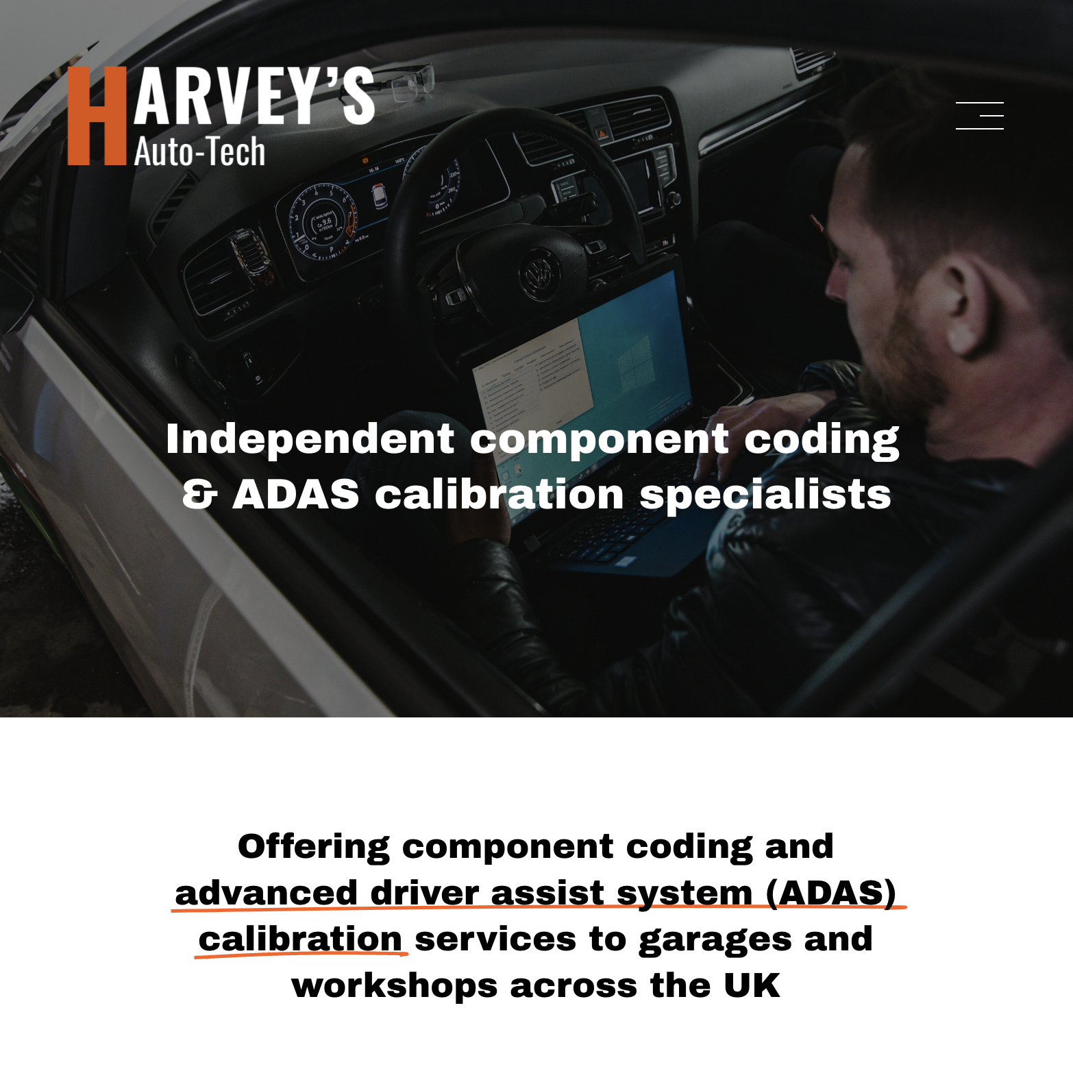 Technician using laptop for car diagnostic in driver's seat with text "Harvey's Auto-Tech" and service description.