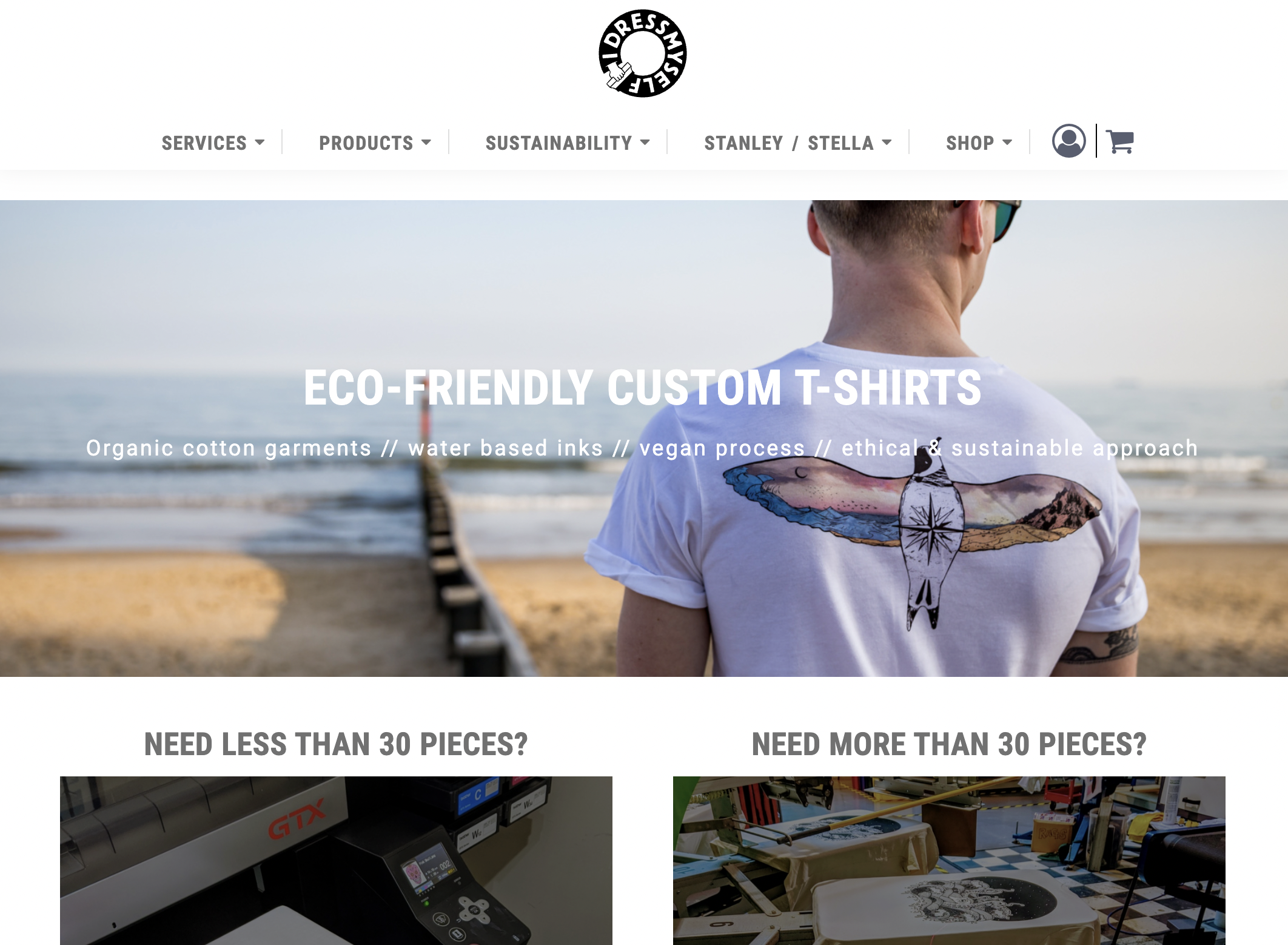 I dress myself Text overlay: 'Eco-friendly custom t-shirts' showcasing organic cotton, water-based inks, vegan, ethical, and sustainable processes.