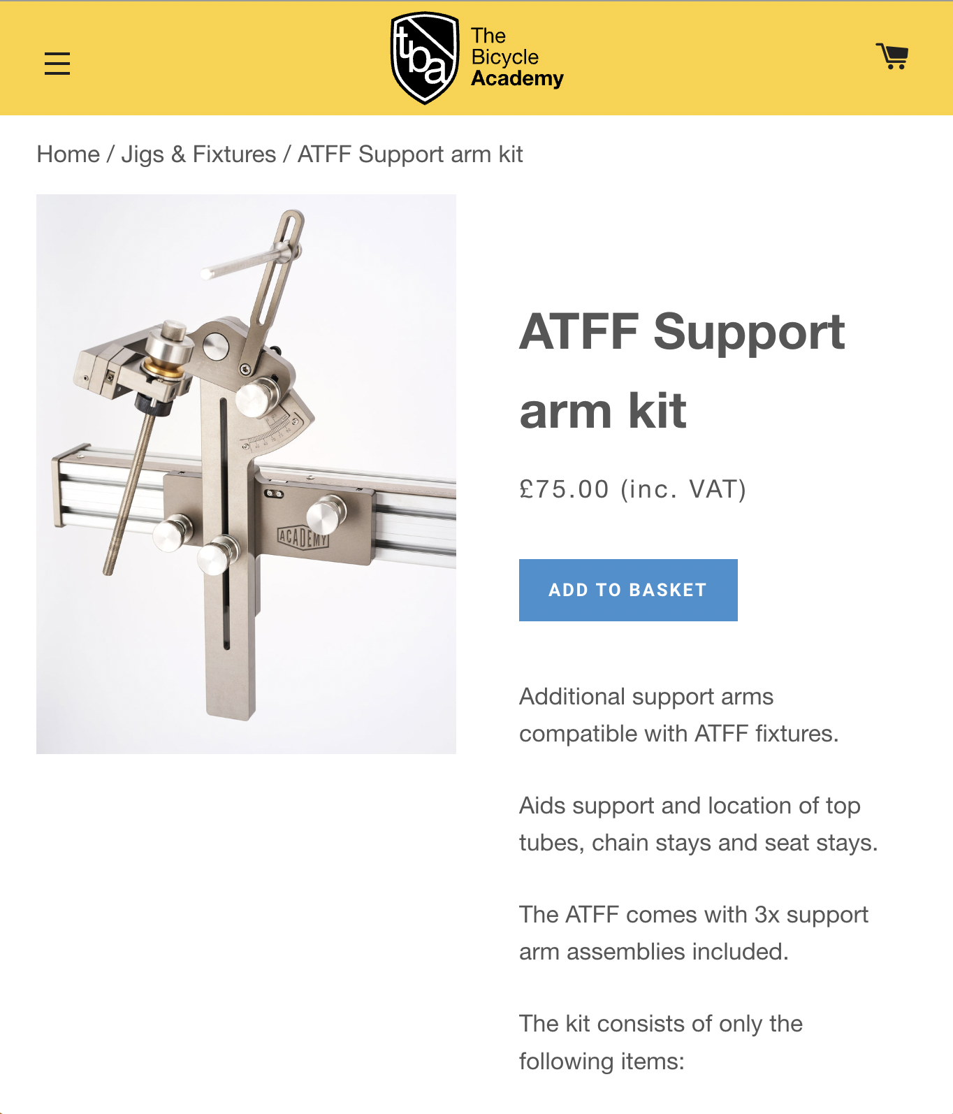 ATFF support arm kit for bicycles, product listing from The Bicycle Academy with description and price.