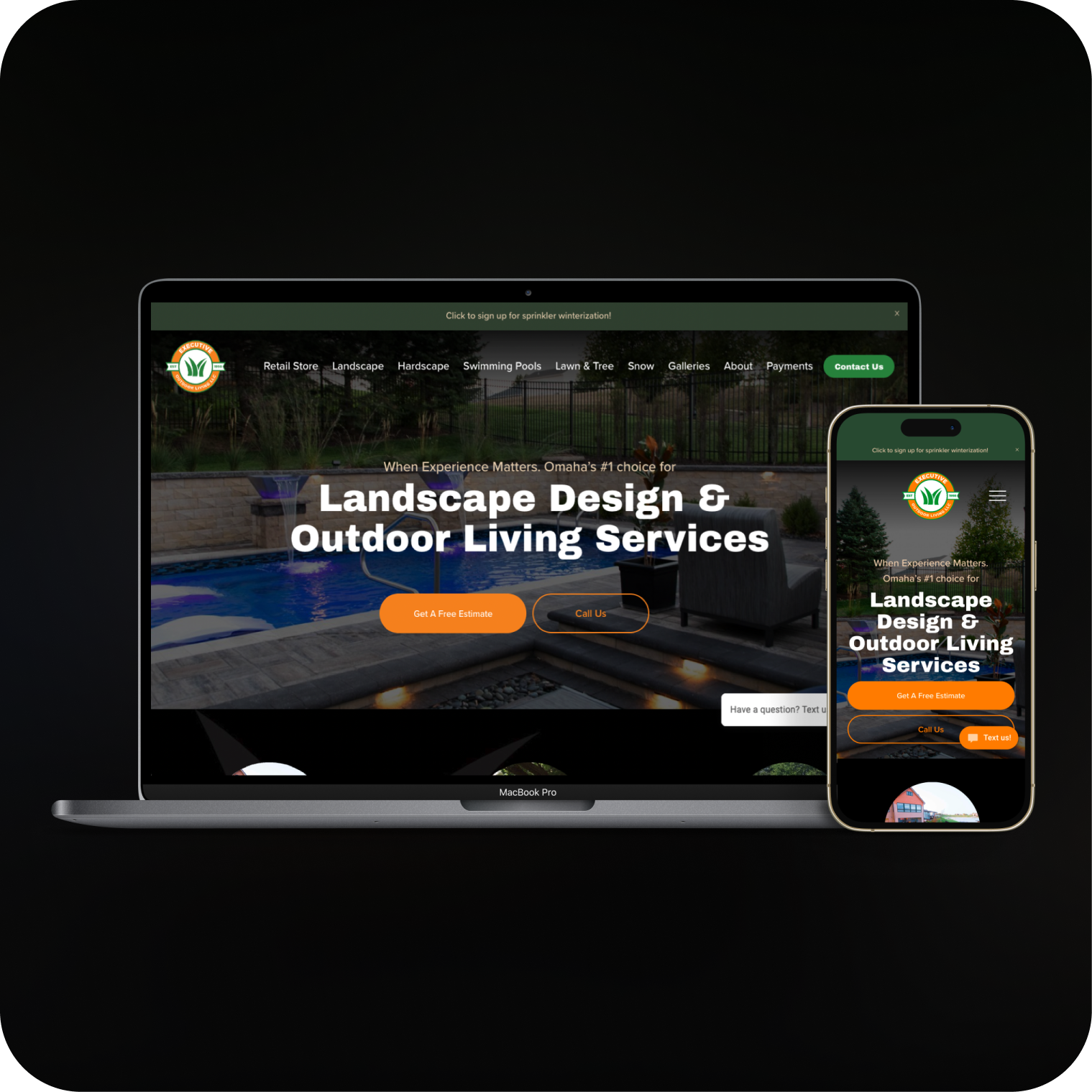 Website homepage displayed on a MacBook Pro and a smartphone, promoting landscape design and outdoor living services with images of a backyard pool area and landscaping.