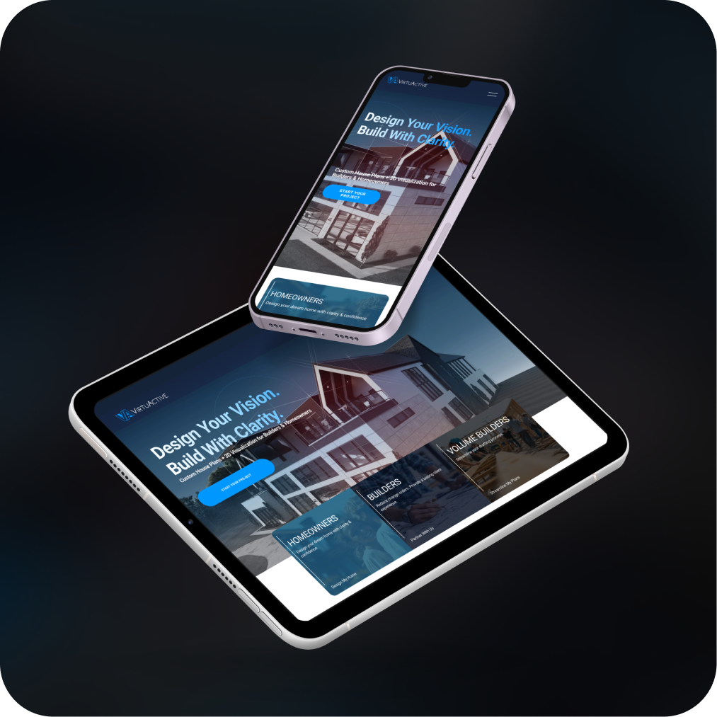 Smartphone and tablet displaying a website for real estate visualization with the headline "Design Your Vision. Build With Clarity." and images of modern houses.