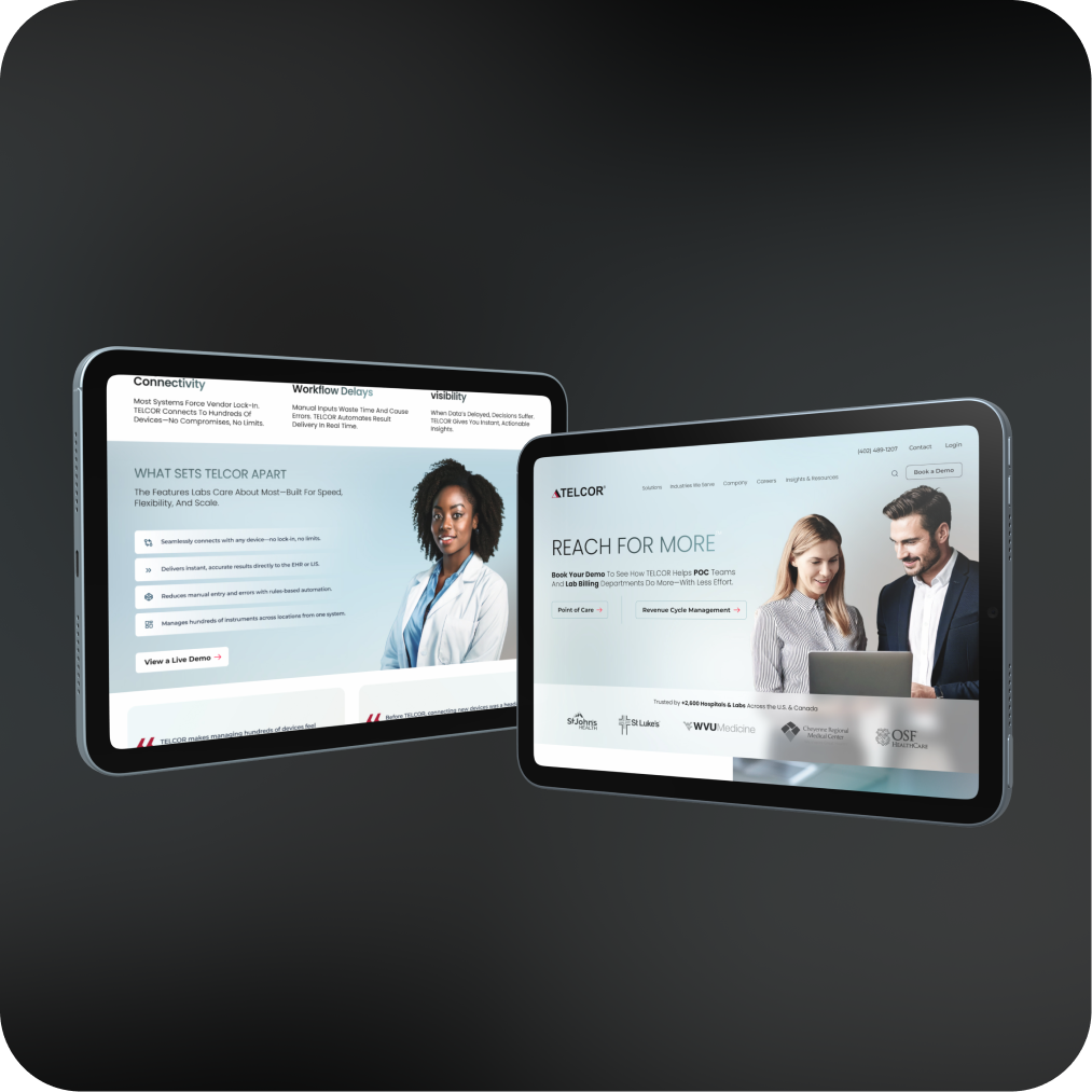 Two tablets displaying medical and healthcare-related websites on a gray background.