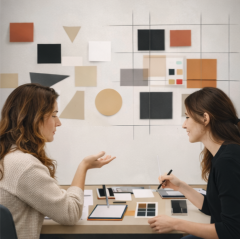 Two women sitting at a table discussing color swatches and design samples, with abstract geometric wall art in the background for a design coaching and consulting session.