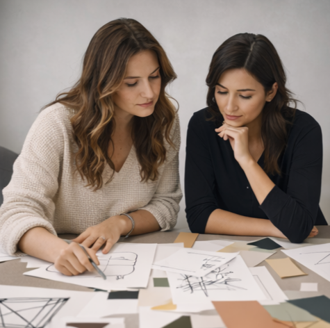 Two women reviewing design sketches and color swatches on a table for a design coaching and consulting session.