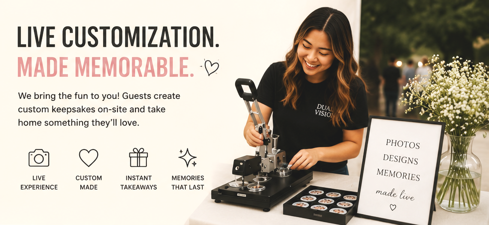 Woman creating custom keepsakes using a button-making machine at an event.