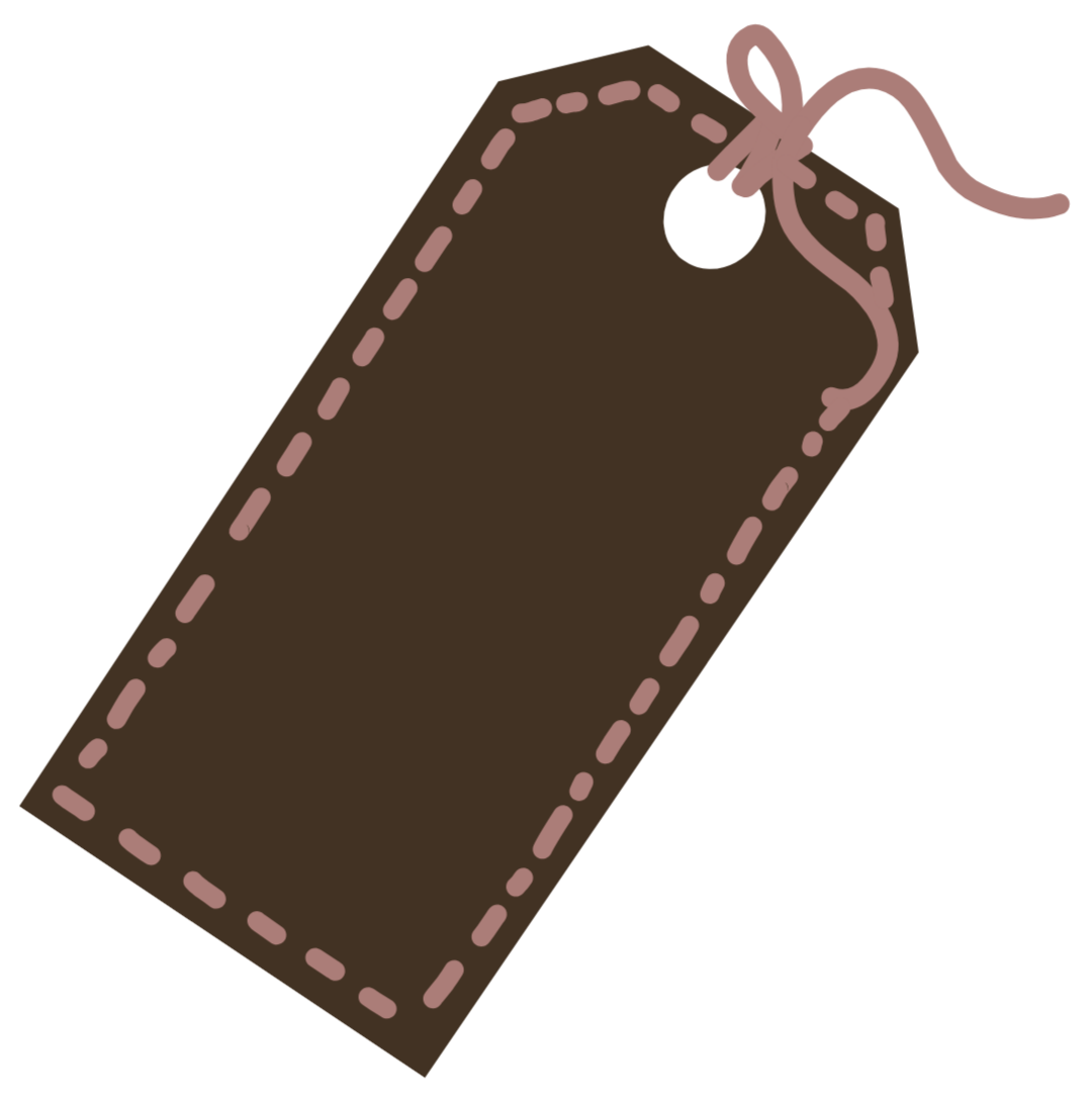 A brown tag with stitched edges and a hole at the top, tied with a pink string