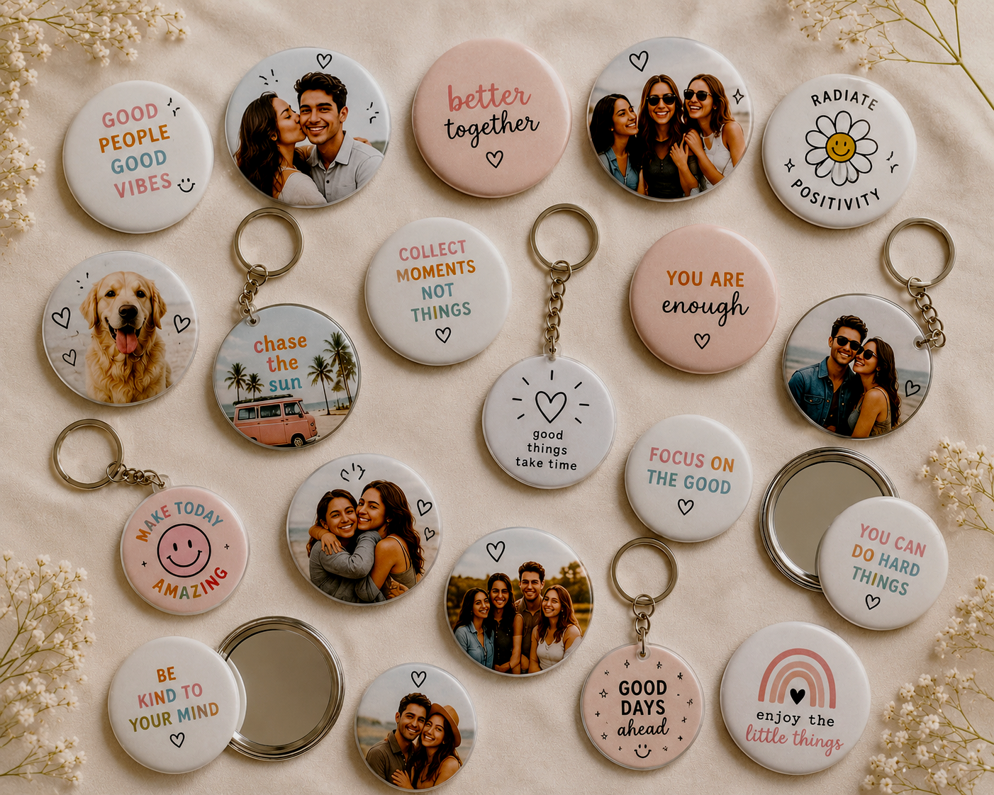 Collection of decorative photo pins and keychains with motivational quotes and pictures of people and pets.
