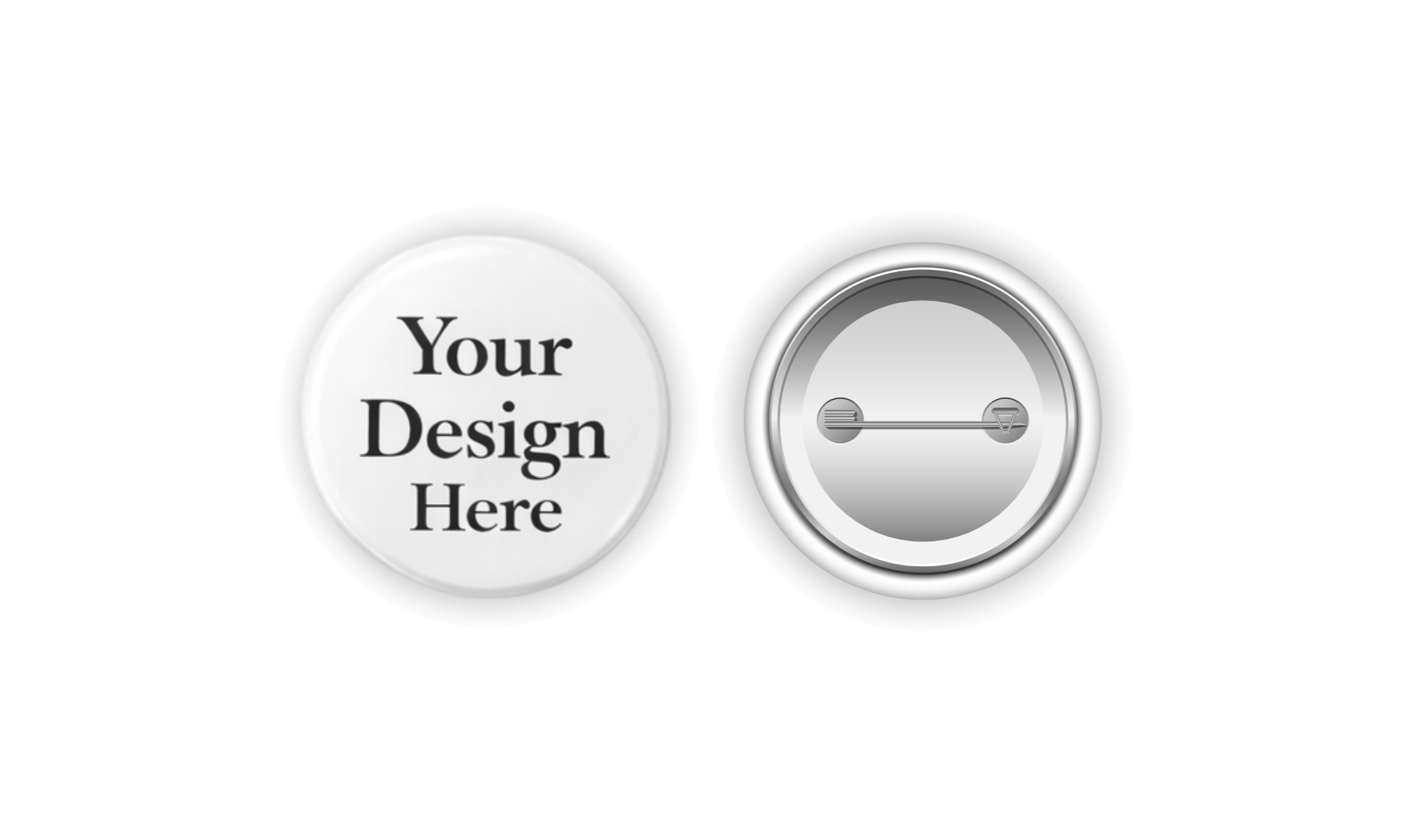 A customizable pin mockup, the front contains text saying, 'Your Design Here' and the back is showing the pin clasp of the pin.