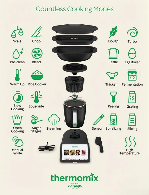 Infographic showing the Thermomix TM7's countless cooking modes, including chop, blend, steam, and slow cook