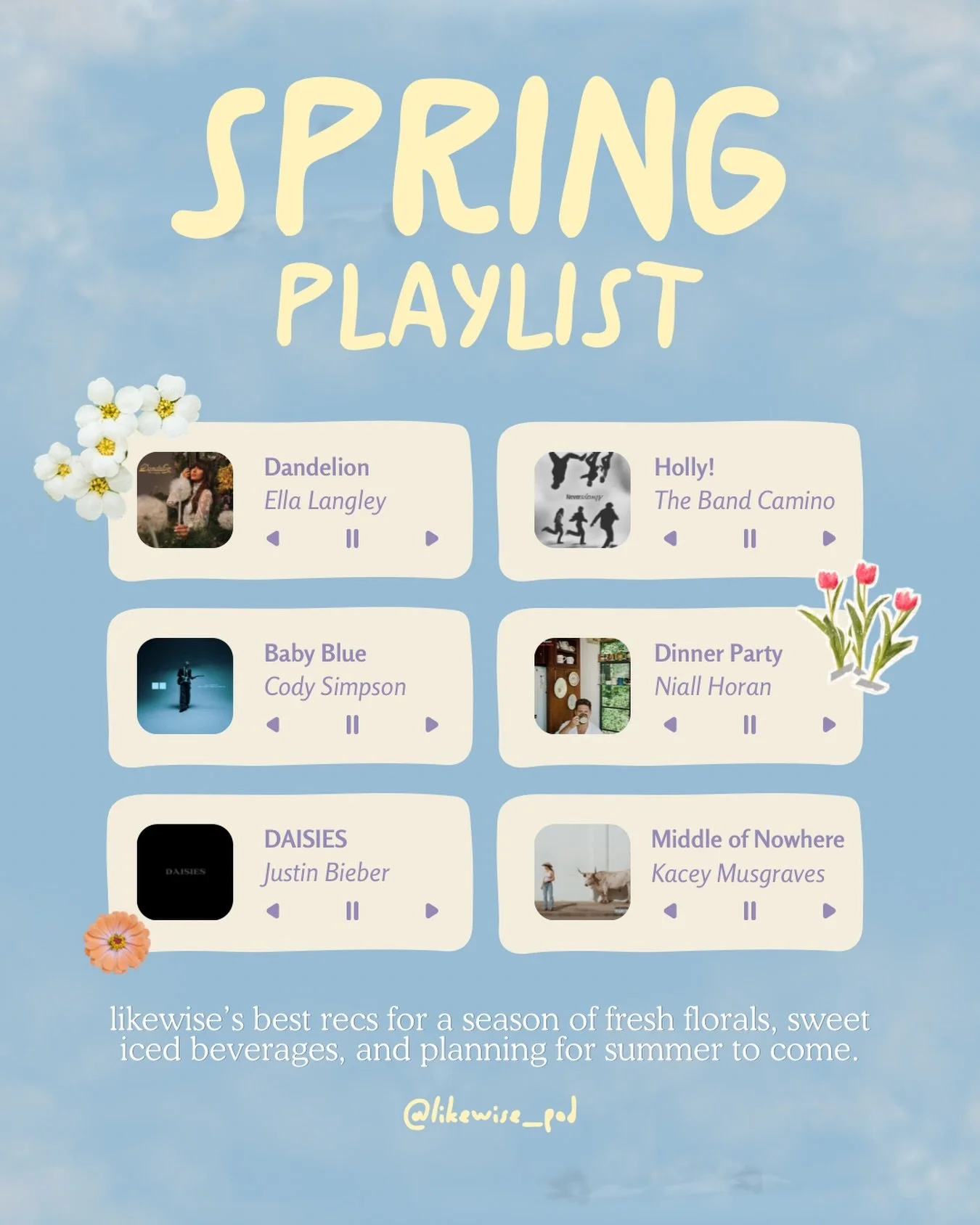 Here to get you jamming to all the best this spring 🍋&zwj;🟩

Listen to our new official spring playlist episode now to hear all the songs we each picked and find the full playlist on the Likewise Spotify 🪩 

Xoxo,
Sam &amp; Isa
