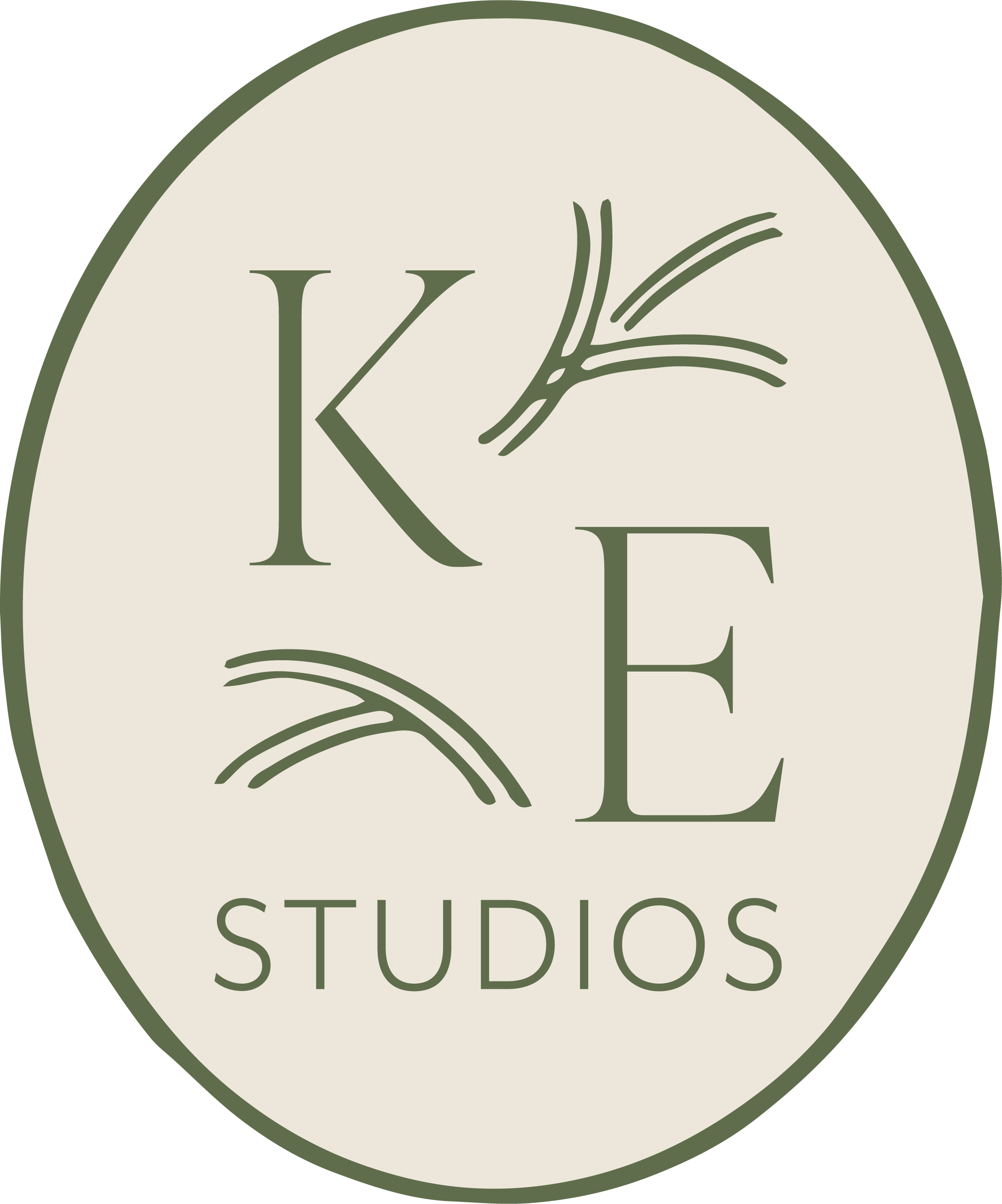 Logo with "K E Studios" in green with decorative branches, on a beige oval background.