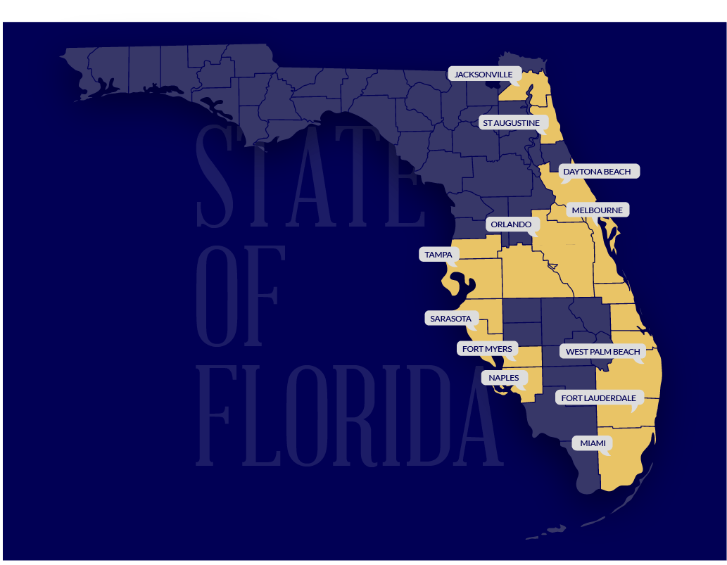 Map of Florida highlighting pool cleaning and maintenance service areas – Jacksonville, Miami, Orlando, Tampa, Naples, Melbourne/Palm Bay, Ft. Myers and nearby suburbs.