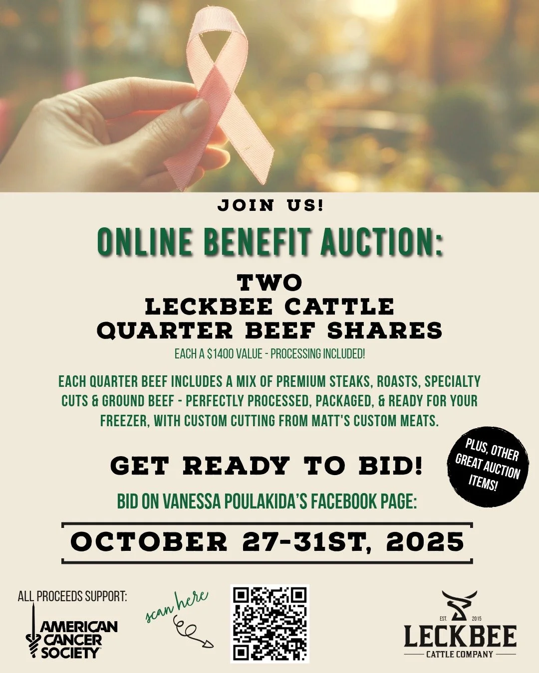 Want great local beef and support a great cause? 🐮💛
We&rsquo;re excited to be part of this amazing fundraiser!
The auction doesn&rsquo;t start until Oct 27&ndash;31, but we wanted to get the word out early&mdash;give this post a share to help sprea