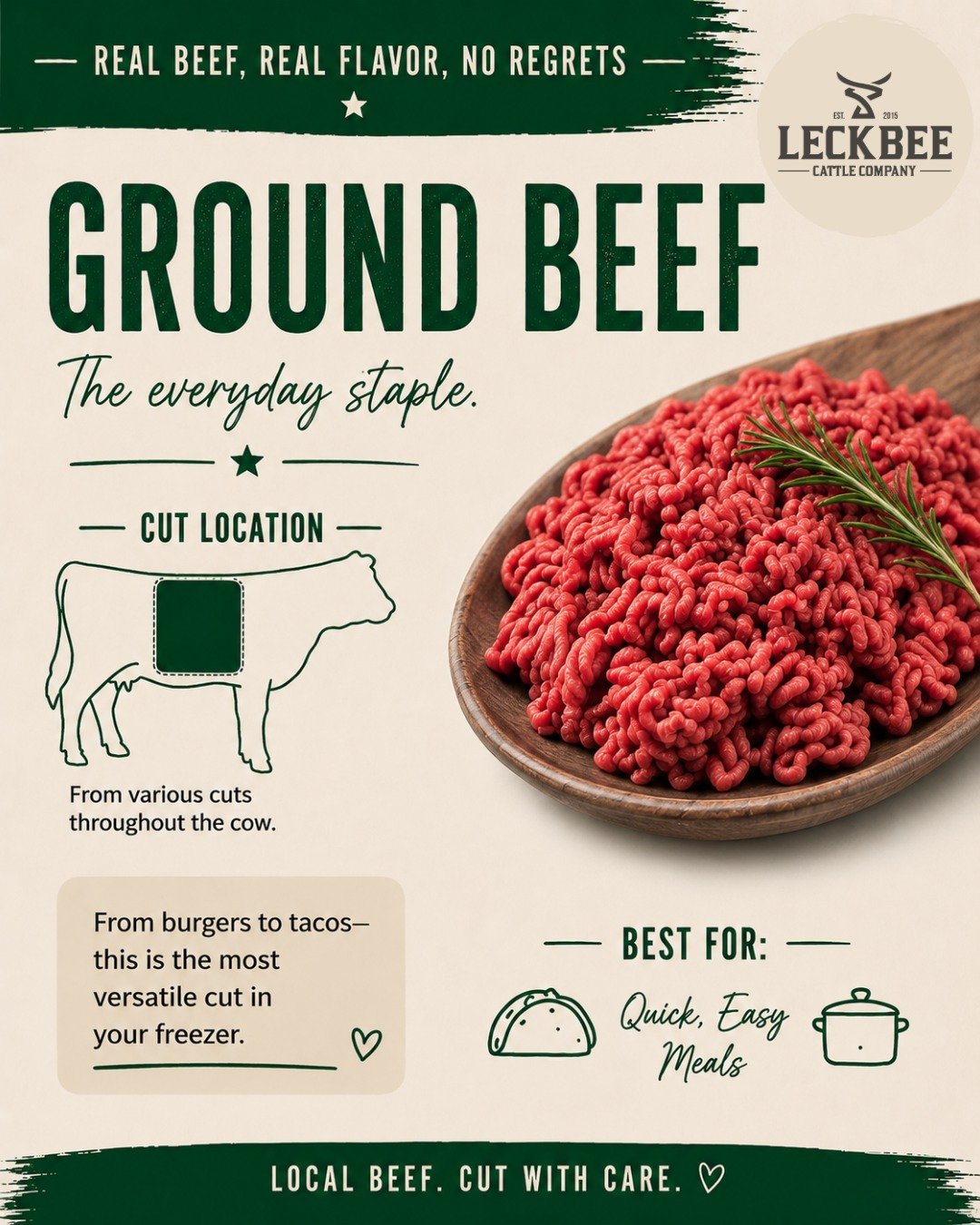 The MVP of the freezer. 🙌
Tacos, burgers, pasta, casseroles, meatloaf&hellip; ground beef really does it all.
It&rsquo;s one of the most versatile cuts you can have on hand, especially for busy weeknights.
What&rsquo;s your go-to ground beef meal? ?