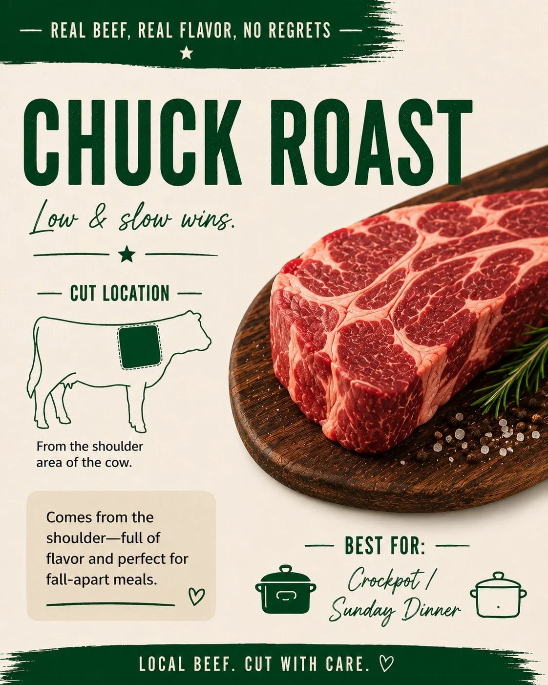 Chuck roast is proof that low &amp; slow is always worth it 🤎

This cut comes from the shoulder, which means tons of flavor and the kind of fall-apart tenderness that was made for crockpots and Sunday dinners.

Sarah swears by a good chuck roast - d