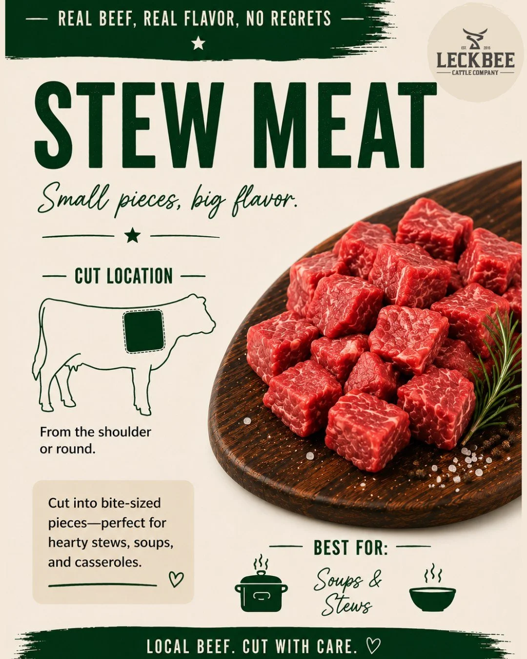 Small pieces, big flavor 👏

Stew meat is usually cut from well-worked muscles, which means it shines when cooked low and slow. Think hearty soups, stews, chili, and comfort food season.

It&rsquo;s one of those underrated freezer staples that always