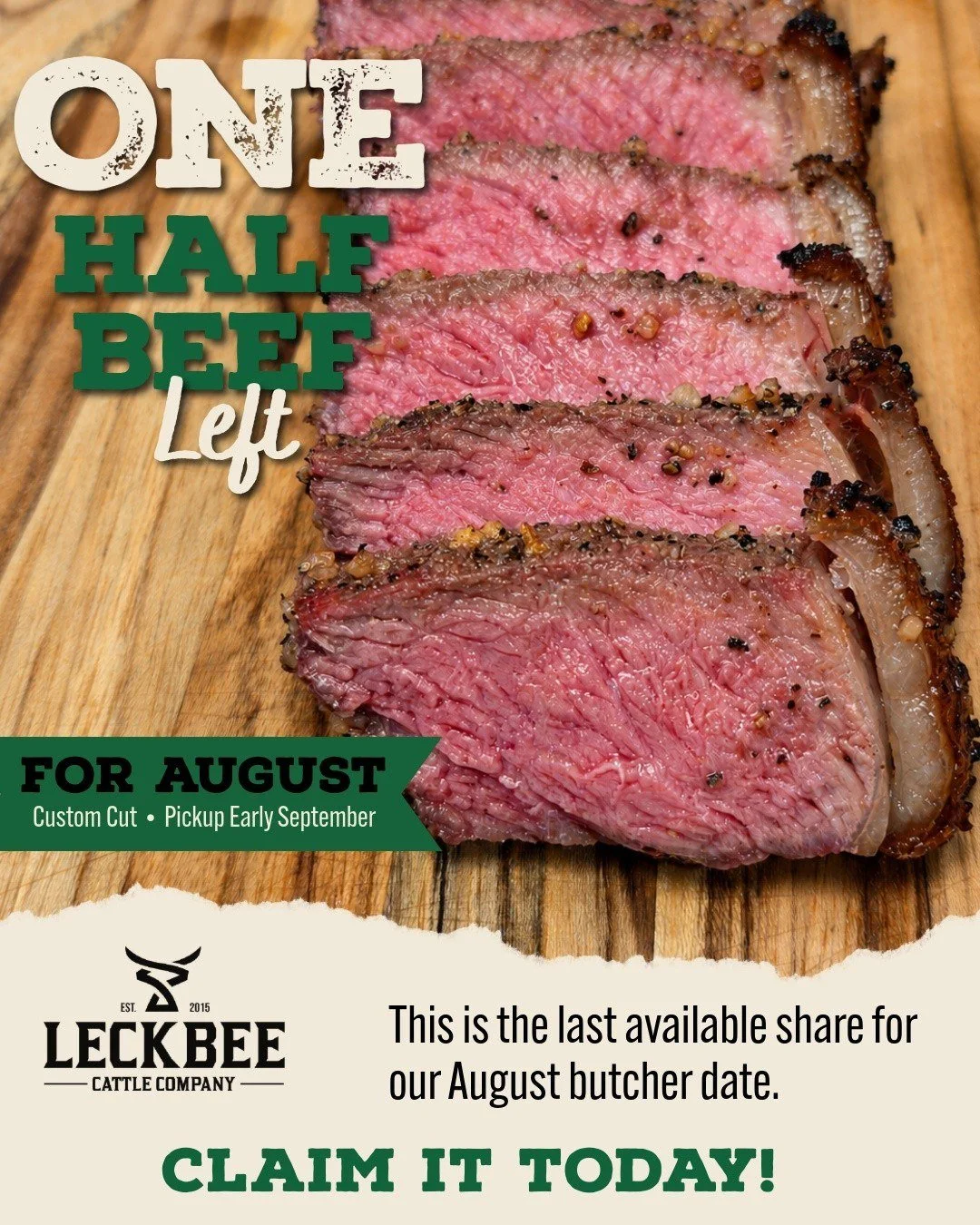 One Half Beef share remains for our August butcher date.
Custom cut and ready for pickup in early September.
Claim the last available share here: www.leckbeecattle.com/shop 
Link in Bio