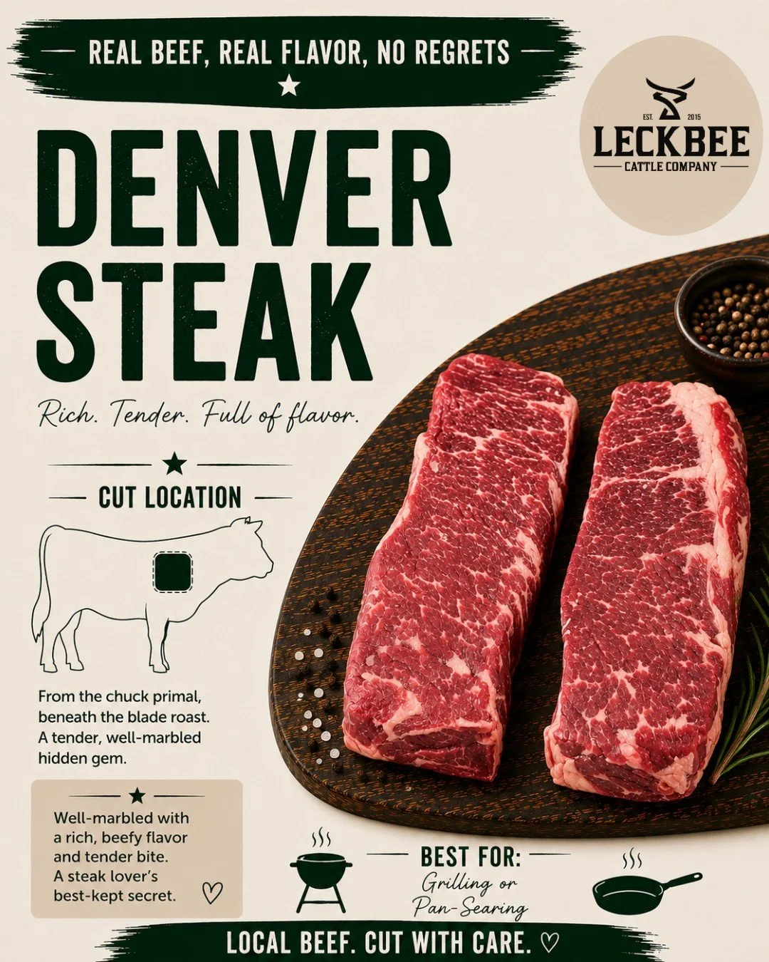 One of the best parts about buying a beef share is discovering cuts you probably wouldn't have picked up otherwise.

Honestly, Denver steak wasn't even on my radar for a long time. Now it's one of those cuts I'm always happy to see come back from the
