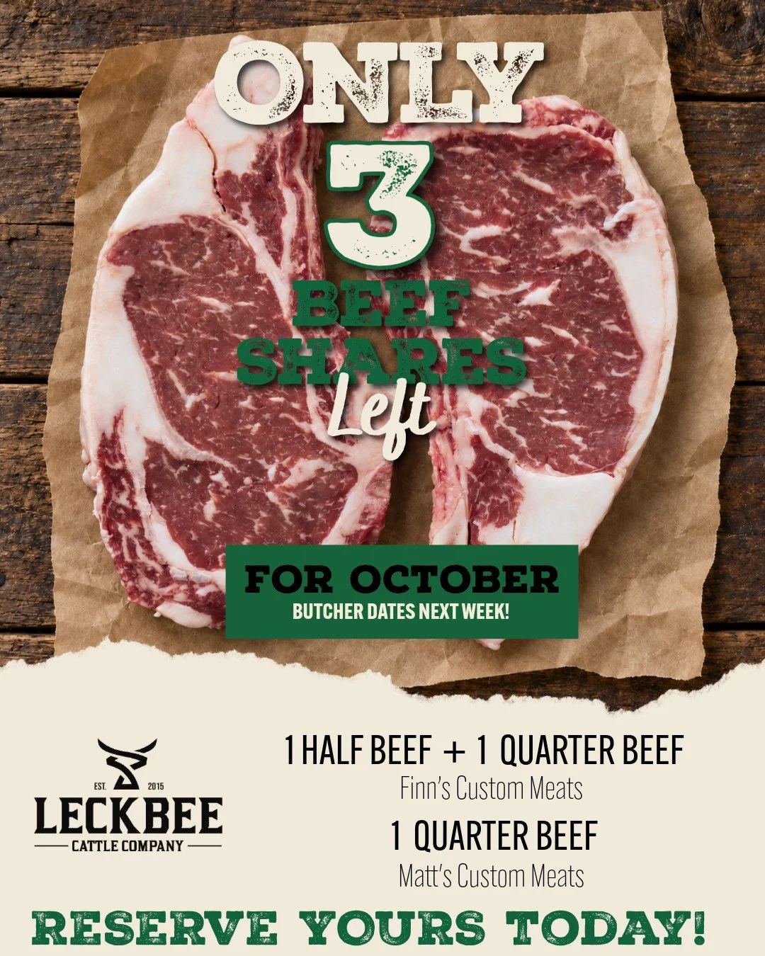 October beef is almost sold out! 🥩

We&rsquo;re down to our last 3 shares, and butcher dates are next week!

&bull; 1 Half Beef + 1 Quarter Beef at Finn&rsquo;s Custom Meats
&bull; 1 Quarter Beef at Matt&rsquo;s Custom Meats

If you&rsquo;ve been th