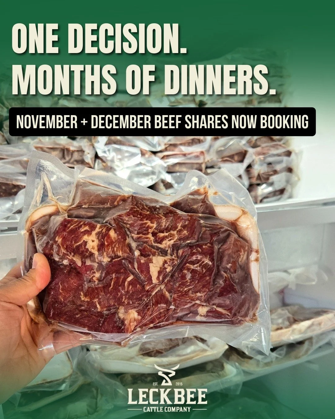 A stocked freezer makes the &ldquo;what&rsquo;s for dinner?&rdquo; question a whole lot easier. You just have to remember to take it out to thaw. 😅

We&rsquo;re now booking Quarter, Half, and Whole Beef shares for select November and December butche