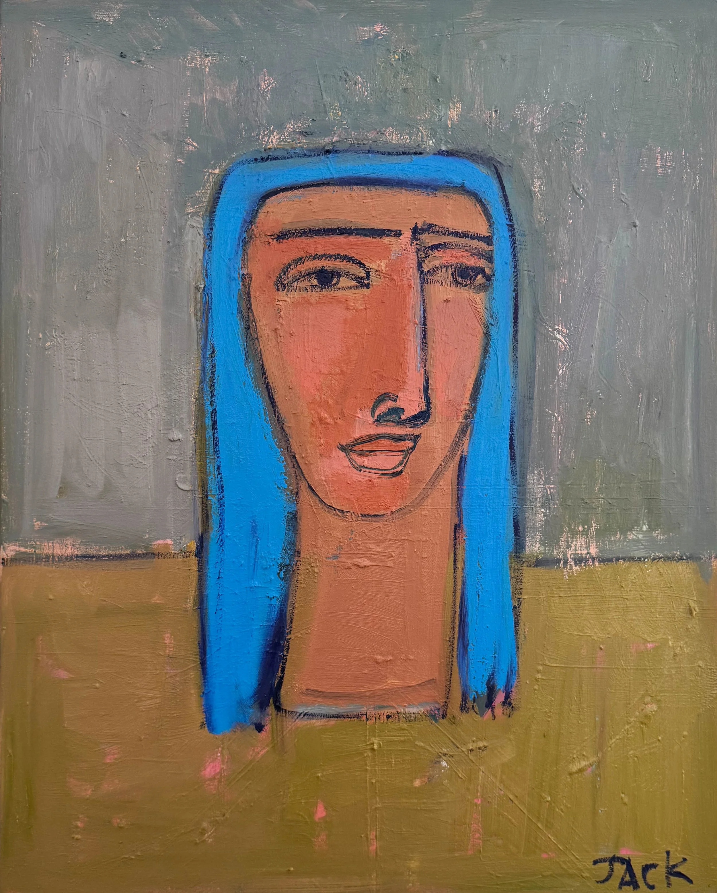 SOLD 
 Rebecca Jack 
 Woman with Blue Hair 
 acrylic oil on canvas 
 31" x 25" x 1.5"